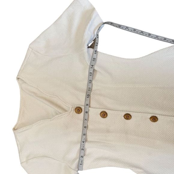 White Waffle Short Sleeve Gold Button V Neck Mini Dress - Picture 7 of 7